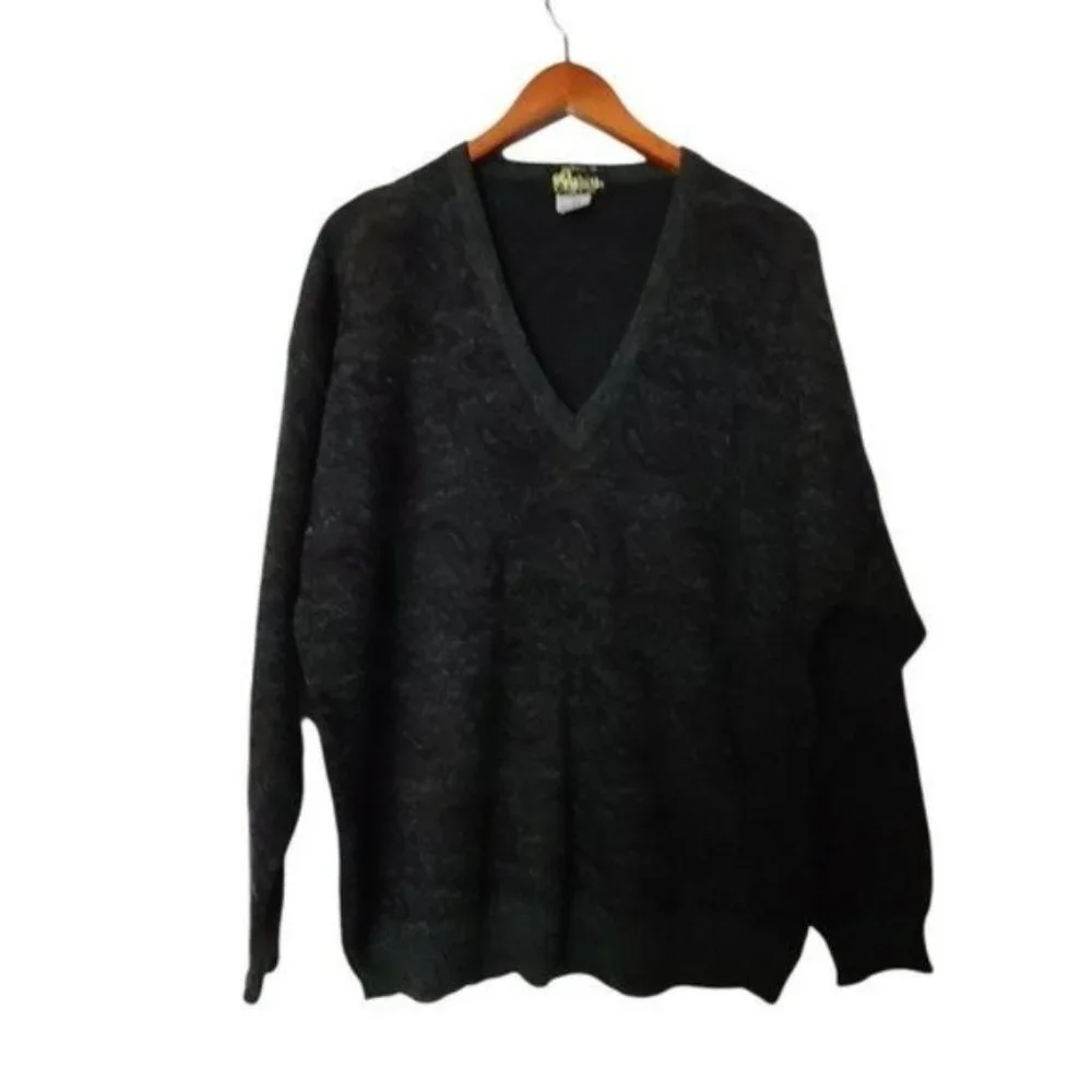 Vintage Cedrics Sweater Wool Blend XL Paisley Gray Green‎ Mens V-Neck